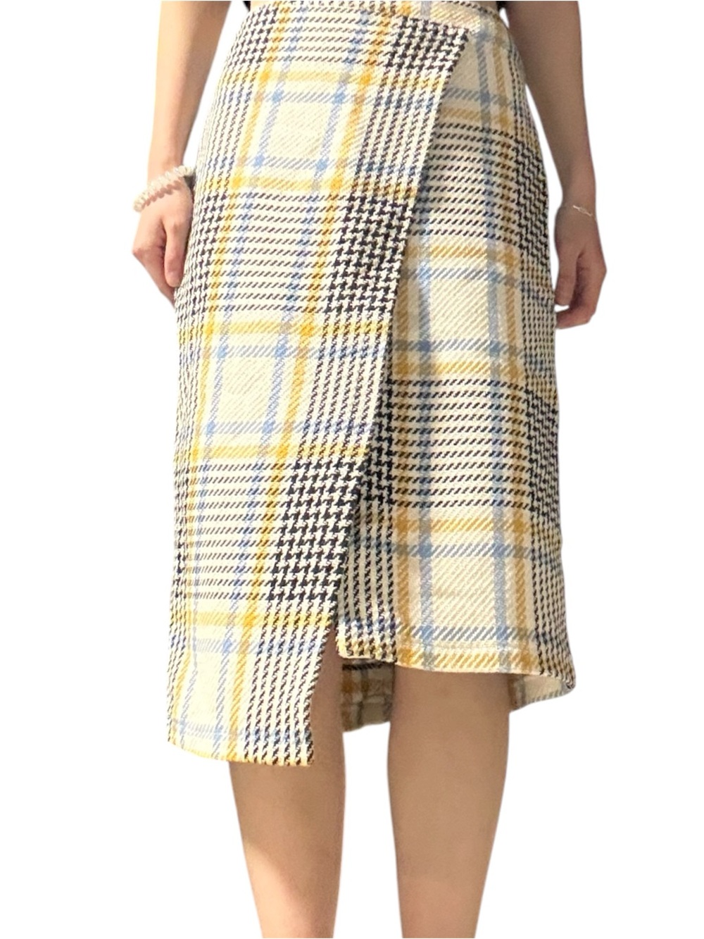 Topshop Asymmetrical Plaid Tweed Wrap Midi Skirt in Yellow and Cream